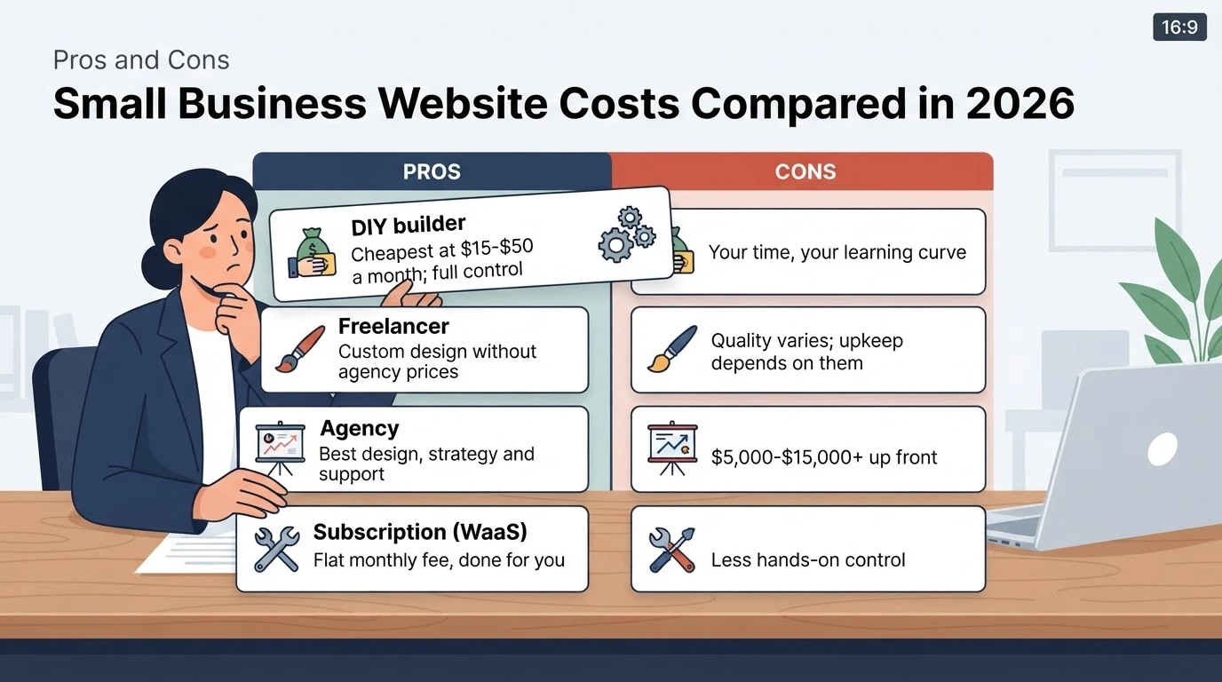 Website option cards sorted into pros and cons