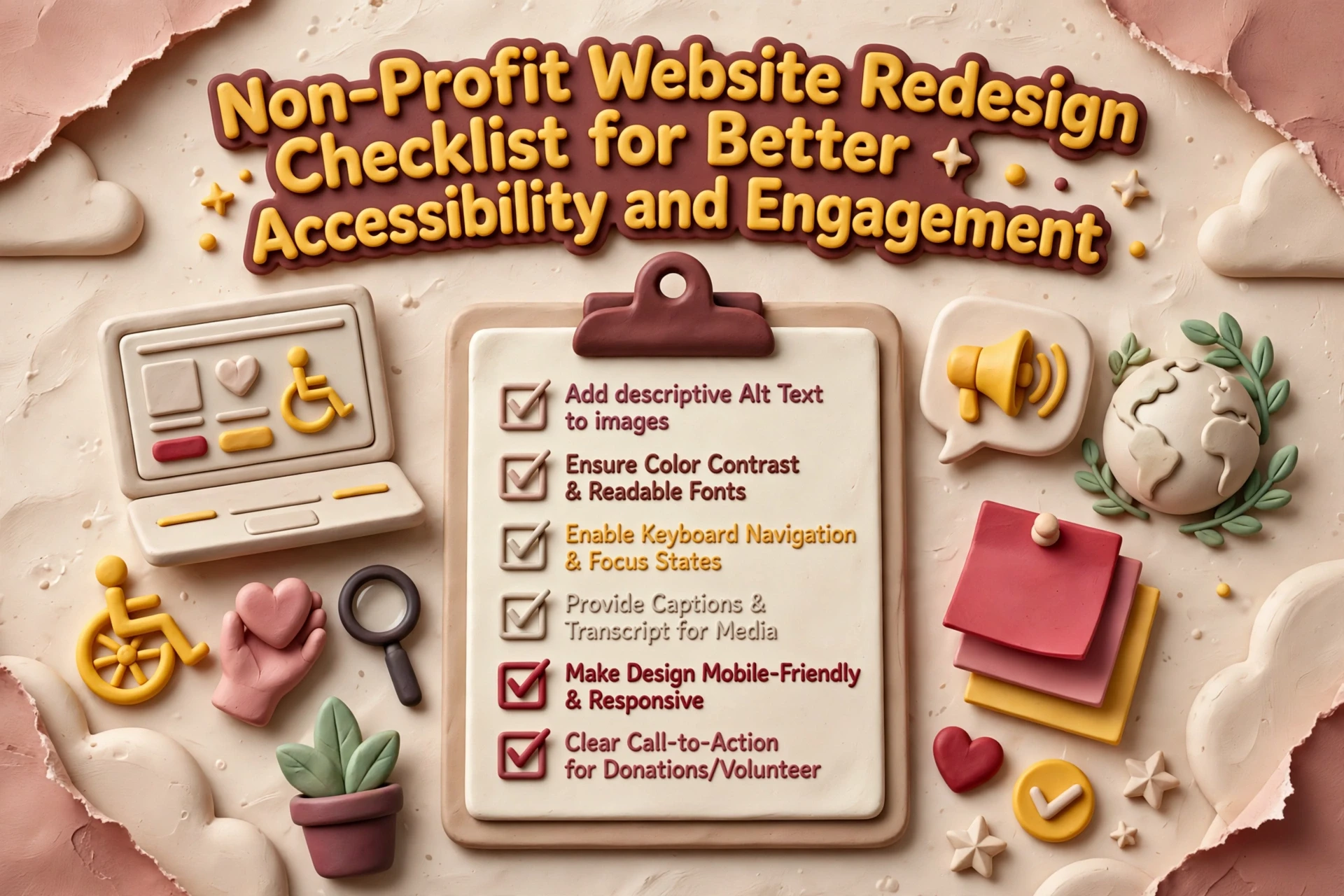 Non-Profit Website Redesign Checklist for Better Accessibility and Engagement A checklist titled “Non-Profit Website Redesign Checklist for Better Accessibility and Engagement,” listing six actionable points for improving nonprofit website accessibility.