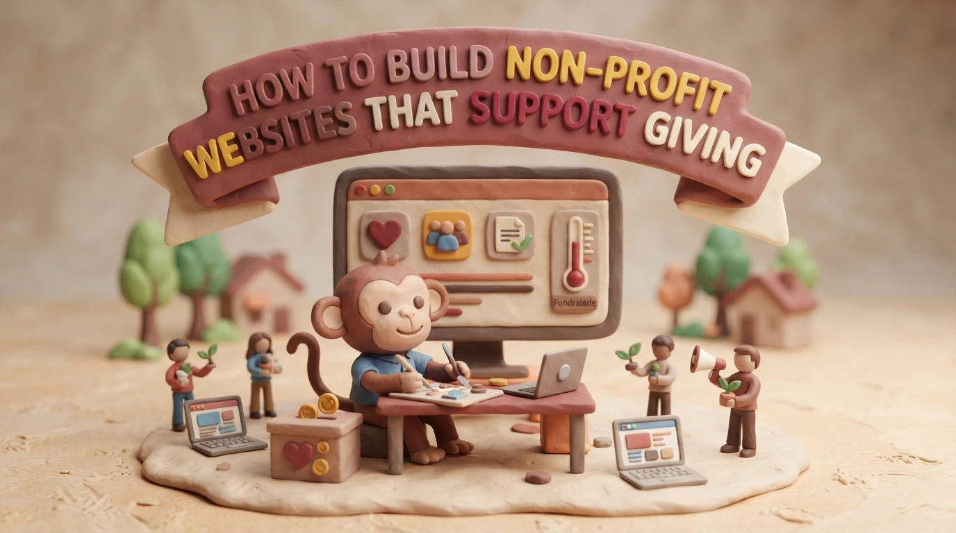 How to Build Non-Profit Websites That Support Giving Clay model of a monkey working at a computer, with a banner above reading “How to build non-profit websites that support giving.”