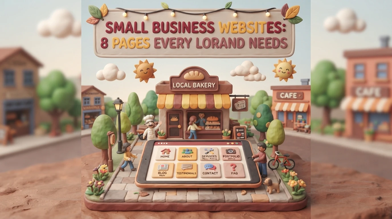 A miniature clay-style diorama of a town square with a bakery and a tablet displaying local brand website pages: Home, About, Services, Portfolio, Blog, Testimonials, Contact, and FAQ.