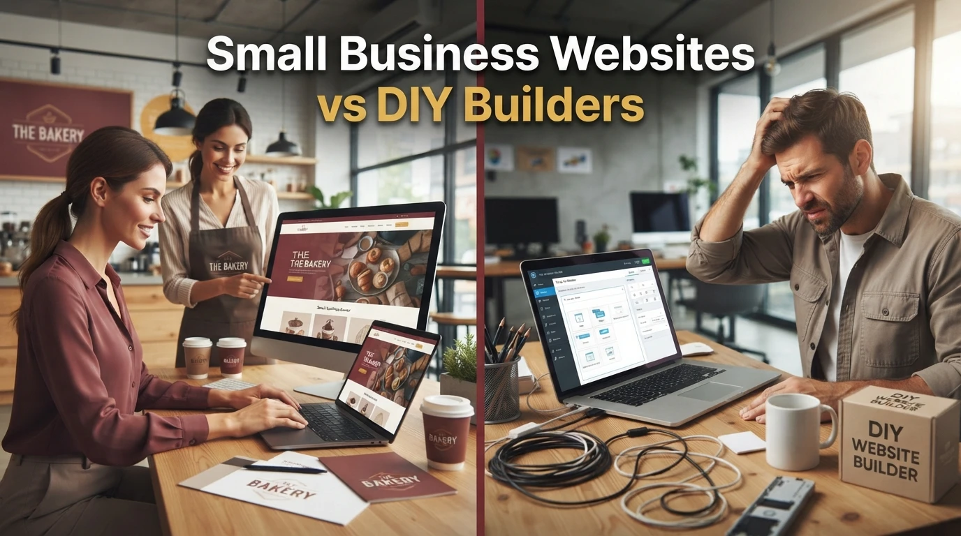 Small Business Websites vs DIY Builders A side-by-side comparison of a person successfully using professional web design services for a bakery versus a frustrated individual struggling to build a site using DIY website builders.