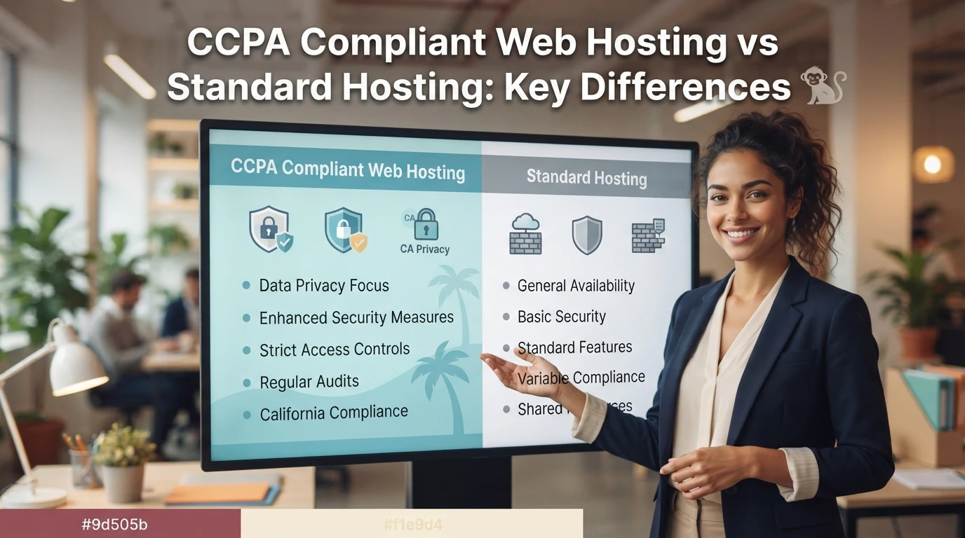 A woman stands next to a screen displaying a comparison table titled “CCPA Compliant Web Hosting vs Standard Hosting,” detailing the security and privacy features of each type of web hosting.