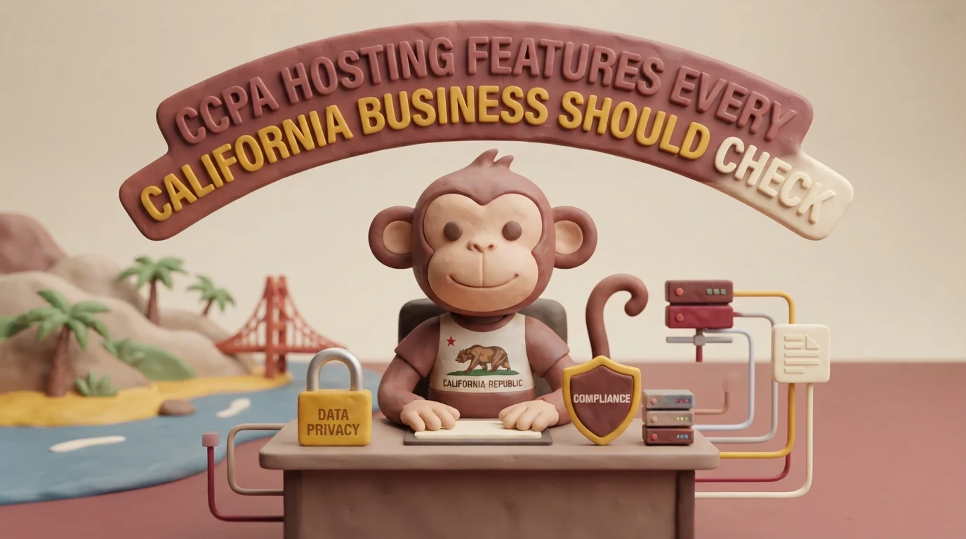CCPA Hosting Features Every California Business Should Check A claymation-style monkey sits at a desk with a data privacy padlock, a compliance shield, and a server rack, under the text: CCPA hosting features every California business should check.