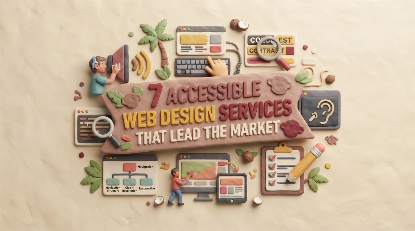 Claymation-style graphic with the text “7 Accessible Web Design Services That Lead the Market,” surrounded by icons representing web accessibility and user interface design.