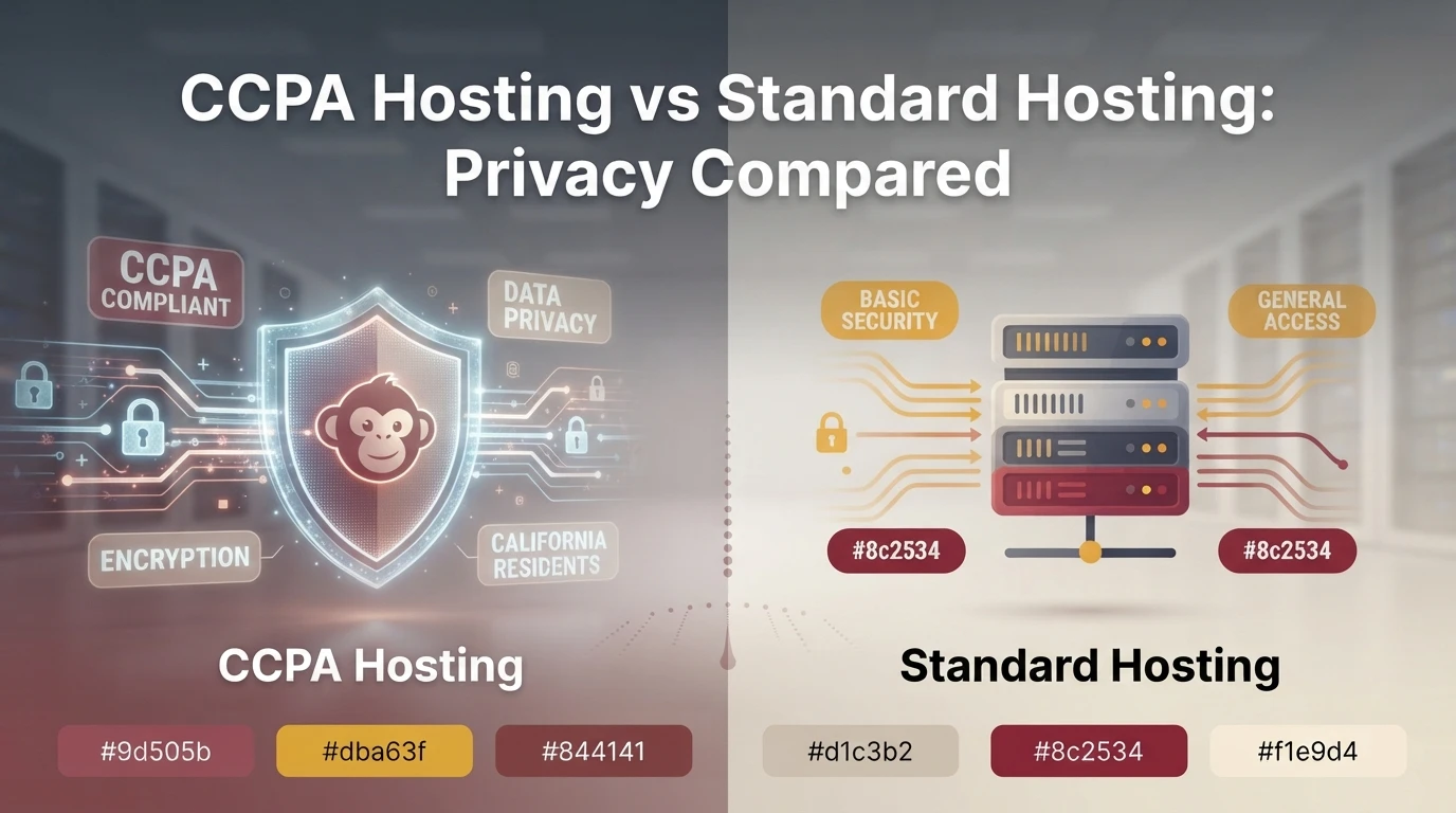 CCPA Hosting vs Standard Hosting: Privacy Compared Infographic comparing CCPA hosting with a security shield icon to standard hosting with a basic server icon and security labels.