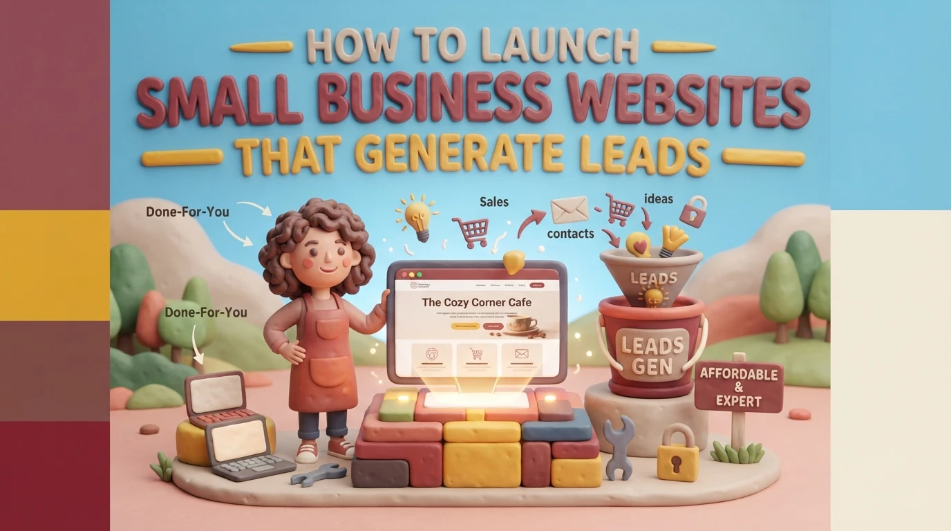 Infographic titled “How to Launch Small Business Websites That Generate Leads,” featuring an illustration of a person with a computer, marketing icons, and a funnel representing the lead generation process.