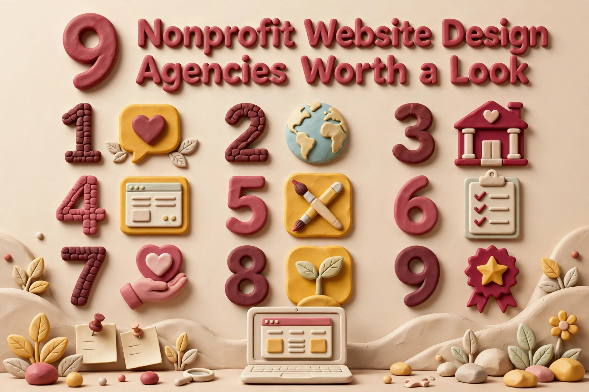 Infographic titled “9 Nonprofit Website Design Agencies Worth a Look” with numbered icons featuring themes related to nonprofit web design.