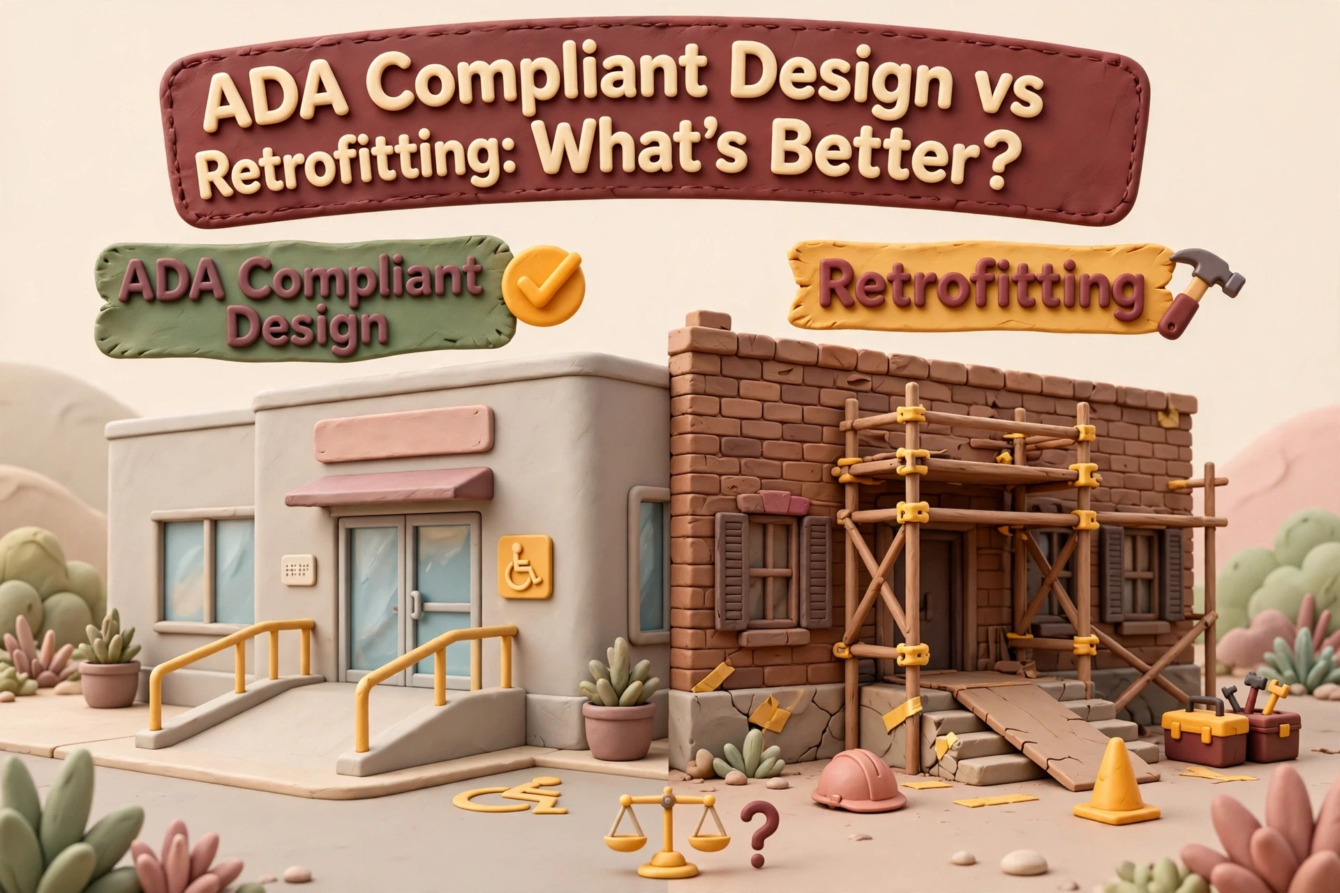 ADA Compliant Design vs Retrofitting: What's Better? An infographic featuring clay-style models of a finished ADA compliant design and a building undergoing retrofitting.
