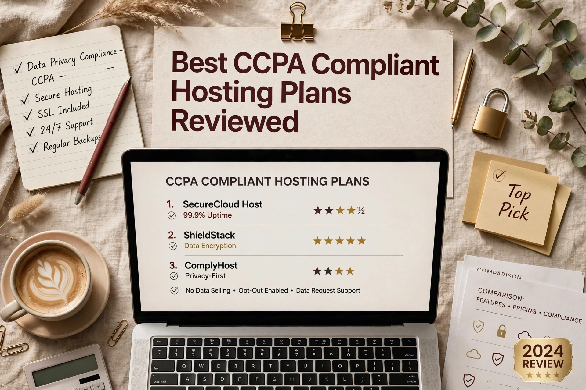 Best CCPA Compliant Hosting Plans Reviewed Laptop displaying CCPA compliant hosting plans, surrounded by a checklist notepad, a coffee cup, and a 2024 review badge.